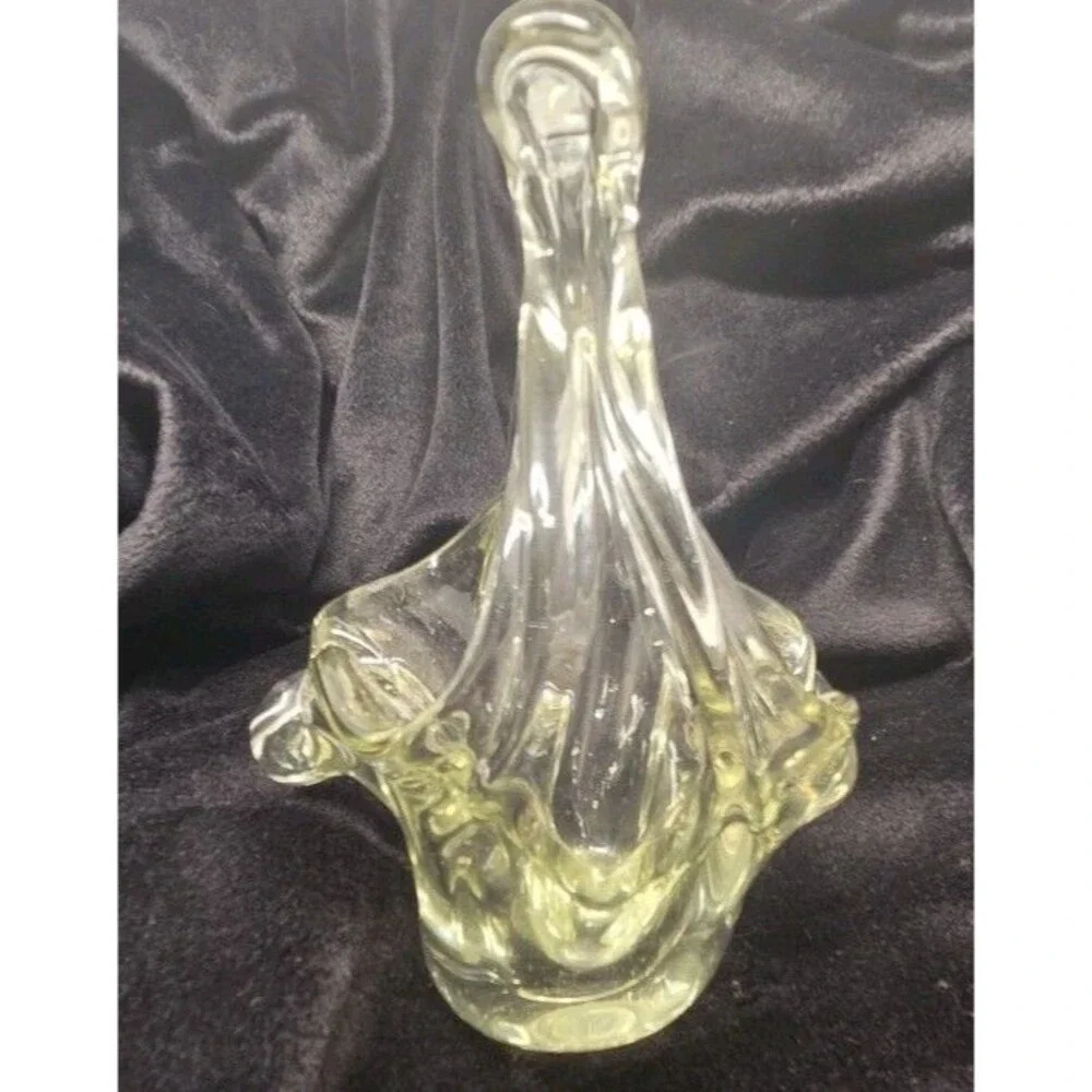 Vintage Clear Art Glass Basket Vase 6.25” Tuscany Style UV Pink Selenium Glow
